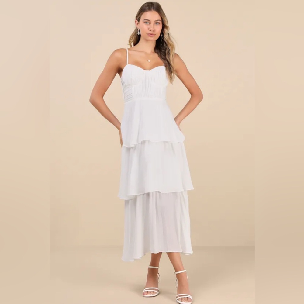 Cascading Crush White Tiered Bustier Midi Dress